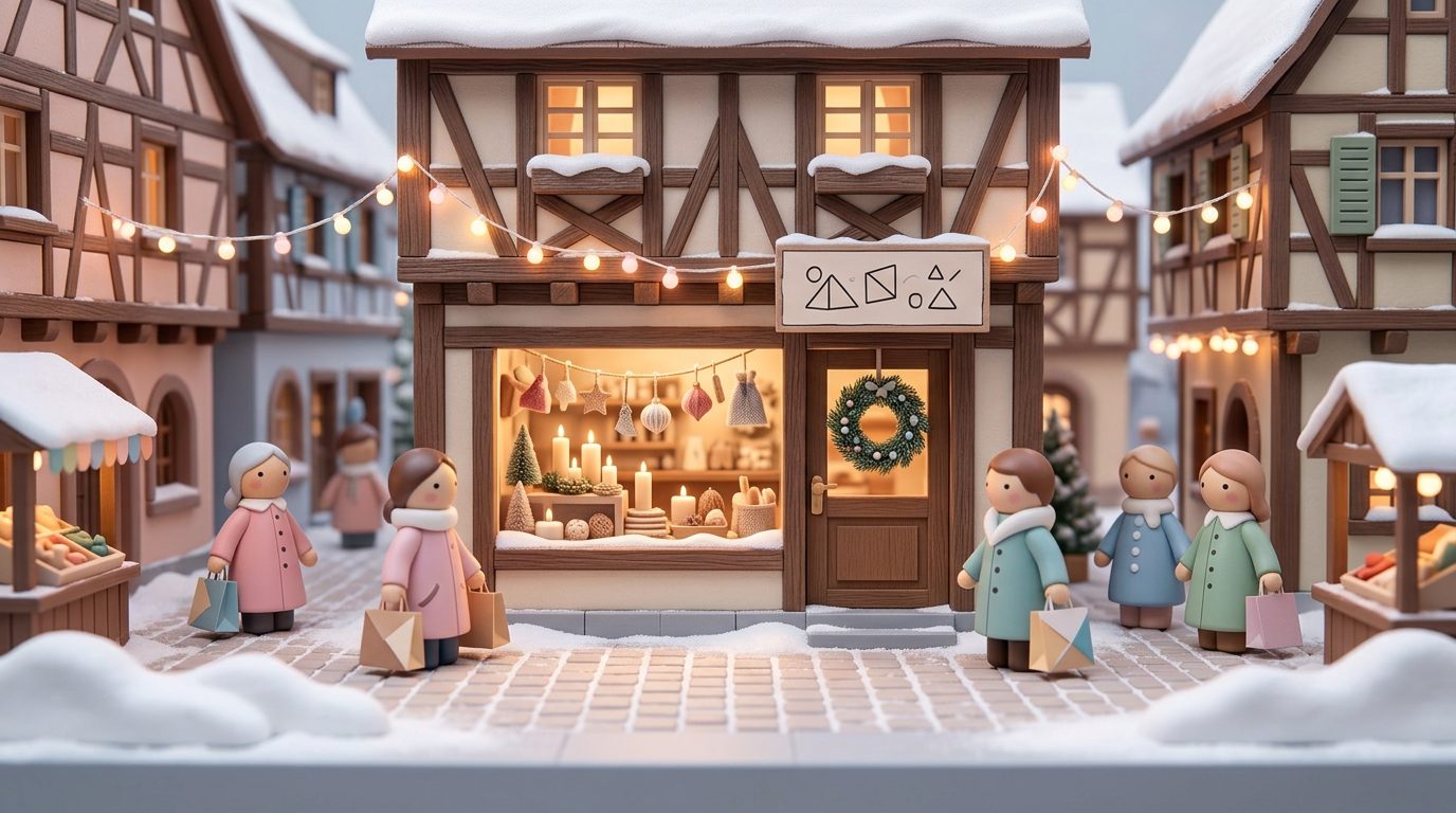 Une boutique à colombages enneigée au moment de Noël, vitrine éclairée de bougies, guirlandes lumineuses et petits personnages en manteaux avec leurs sacs.