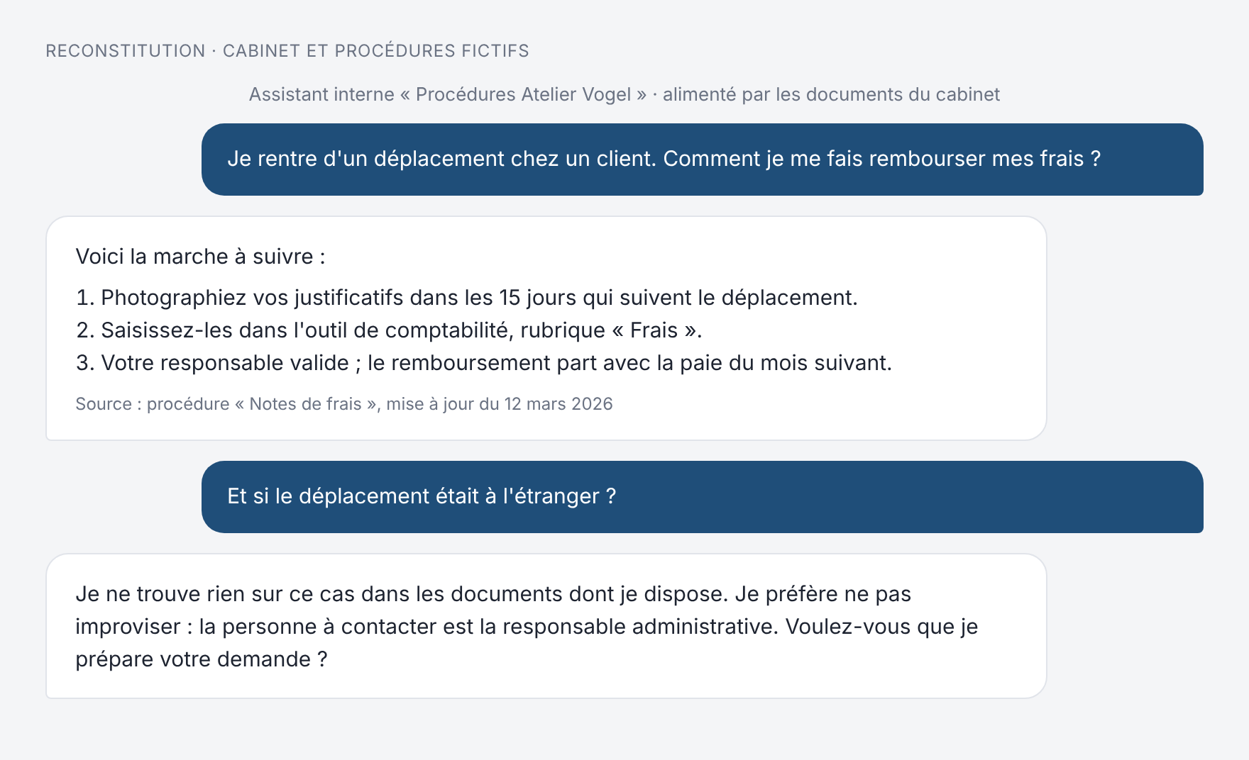 Capture reconstituée : un collaborateur interroge l'assistant interne du cabinet